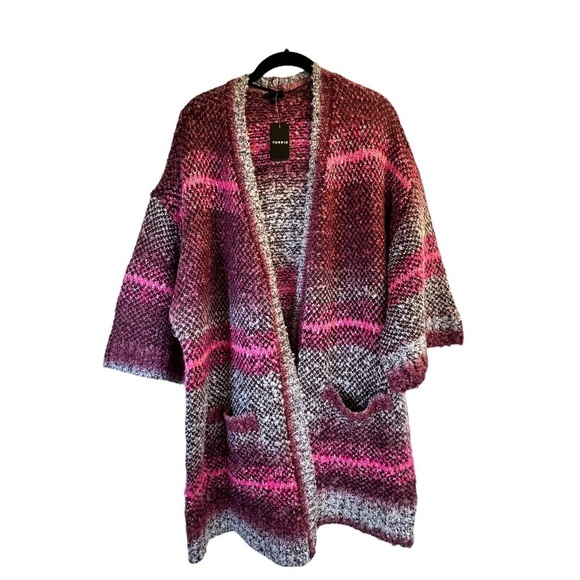 Torrid Women's Sweater 16 Pink White Open Front Oversize Short Sleeves Pockets - Picture 2 of 13